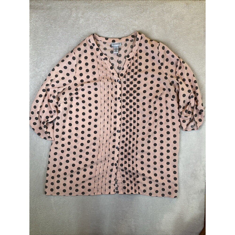 Catherines Top Women's 1X 18/20W PInk Polka Dot 3/4 Sleeve Roll Button Front